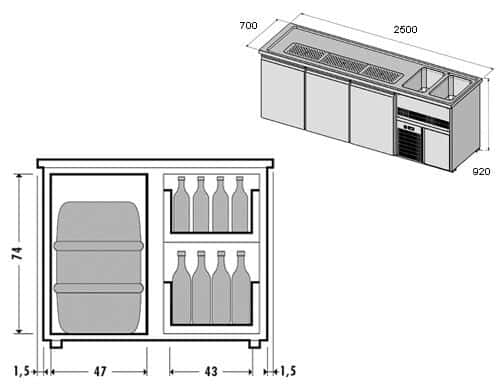 Biertheke Premium PLUS - 2500x700mm - 3 Glastüren