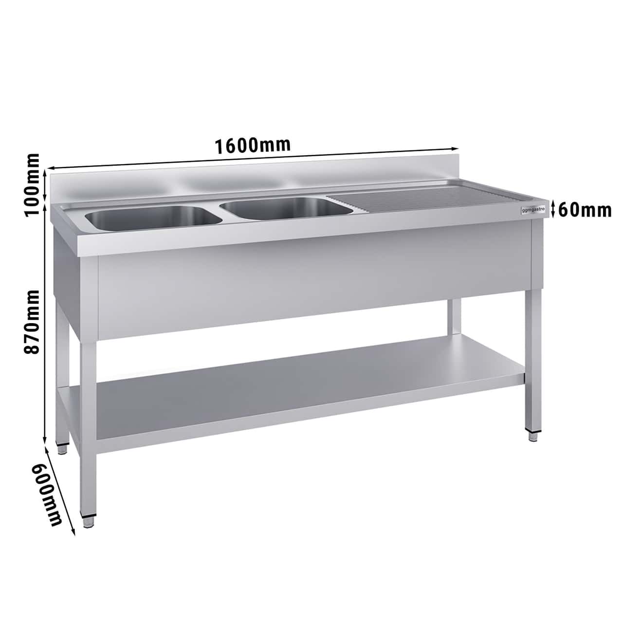 Spültisch ECO - 1600x600mm - mit Grundboden & 2 Becken links