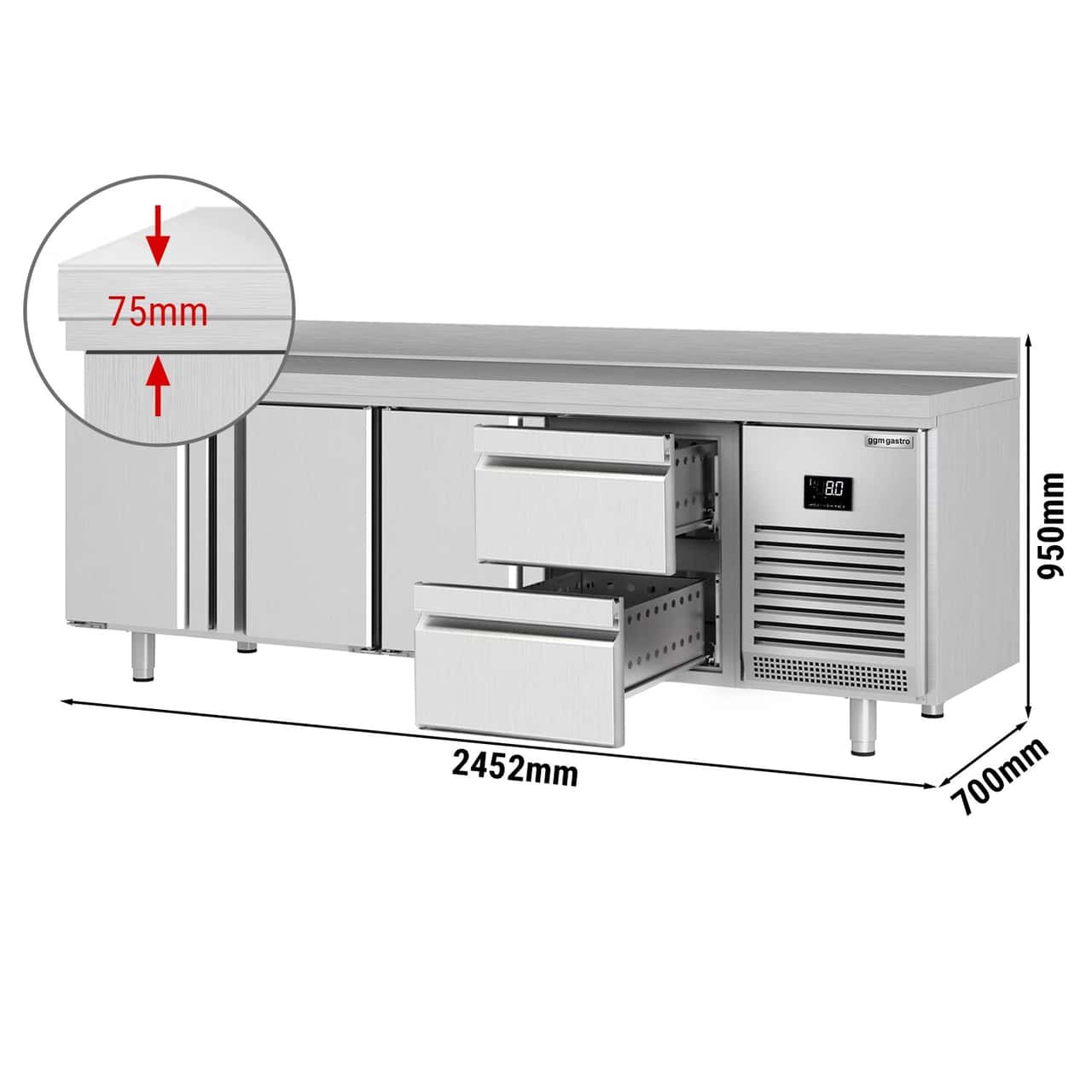 Kühltisch Premium PLUS - 2452x700mm - mit 3 Türen & 2 Schubladen & mit Aufkantung