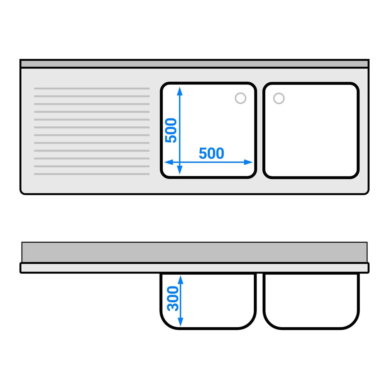 Spülschrank - 1800x700mm - mit 3 Schubladen & 2 Becken rechts