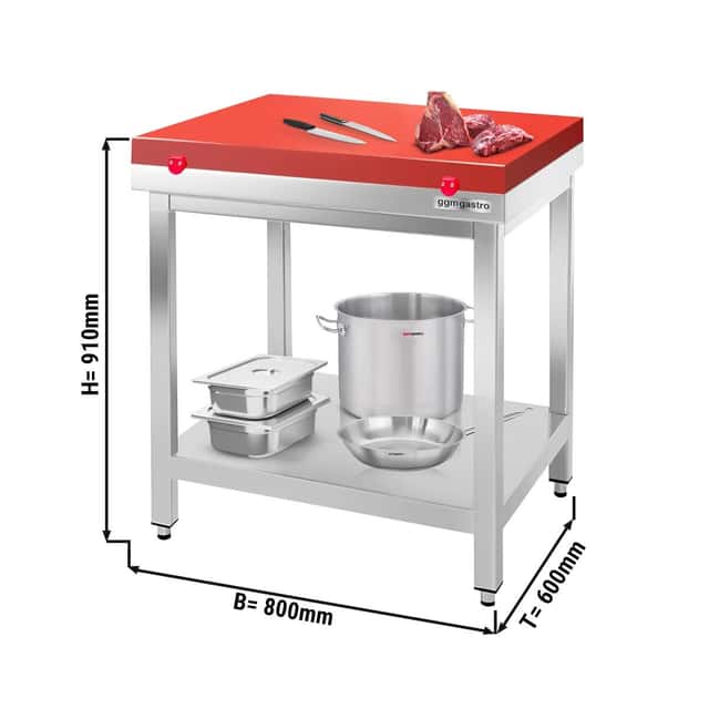 Edelstahl Arbeitstisch PREMIUM - 800x600mm - mit Grundboden ohne Aufkantung inkl. Schneideplatte