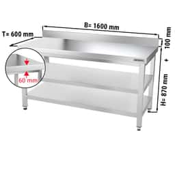 Pracovní stůl PREMIUM z nerezové oceli - 1,6 m - se spodní policí, mezipolicí & obkladovým panelem