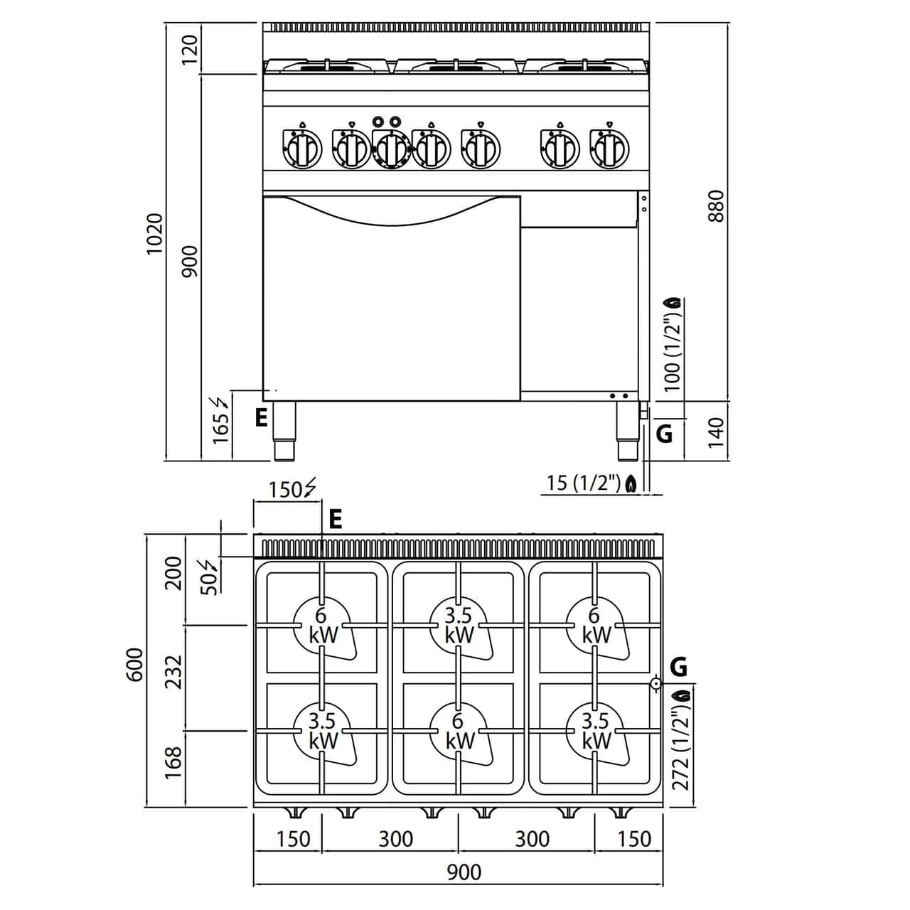 Gasherd - 28,5 kW - 6 Brenner - Elektro Umluftofen - 3 kW