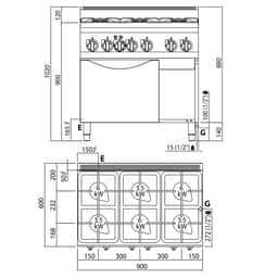 Gasherd - 28,5 kW - 6 Brenner - Elektro Umluftofen - 3 kW