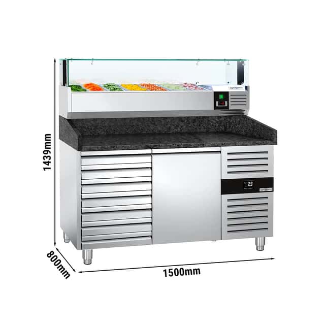 Pizzakühltisch PREMIUM - 1500x800mm - mit 1 Tür & 7 Schubladen - inkl. Kühlaufsatzvitrine LED - 7x GN 1/4