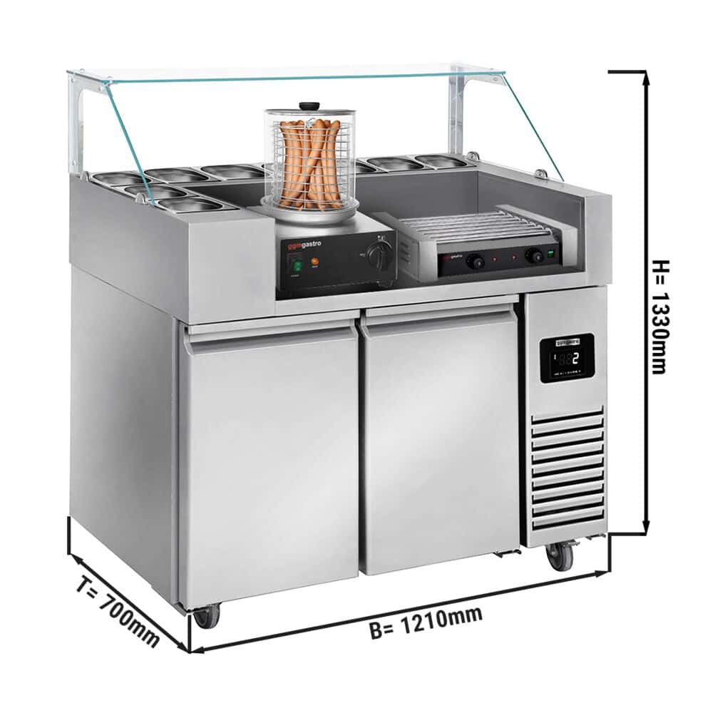 Zubereitungstisch - 1210mm - für 9x GN 1/6 - 2 Türen - inkl. Würstchengrill & Würstchenwärmer