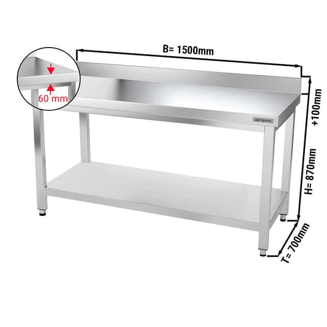 Edelstahl Arbeitstisch PREMIUM - 1500x700mm - mit Grundboden & Aufkantung