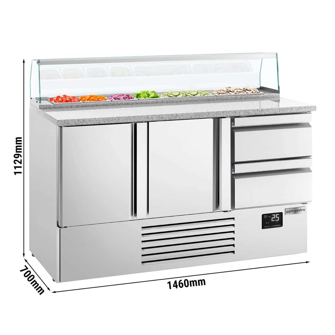 Saladette Premium PLUS - 1460mm - 2 Tür & 2 Schubladen - für 8x GN 1/6 - Glasaufsatz