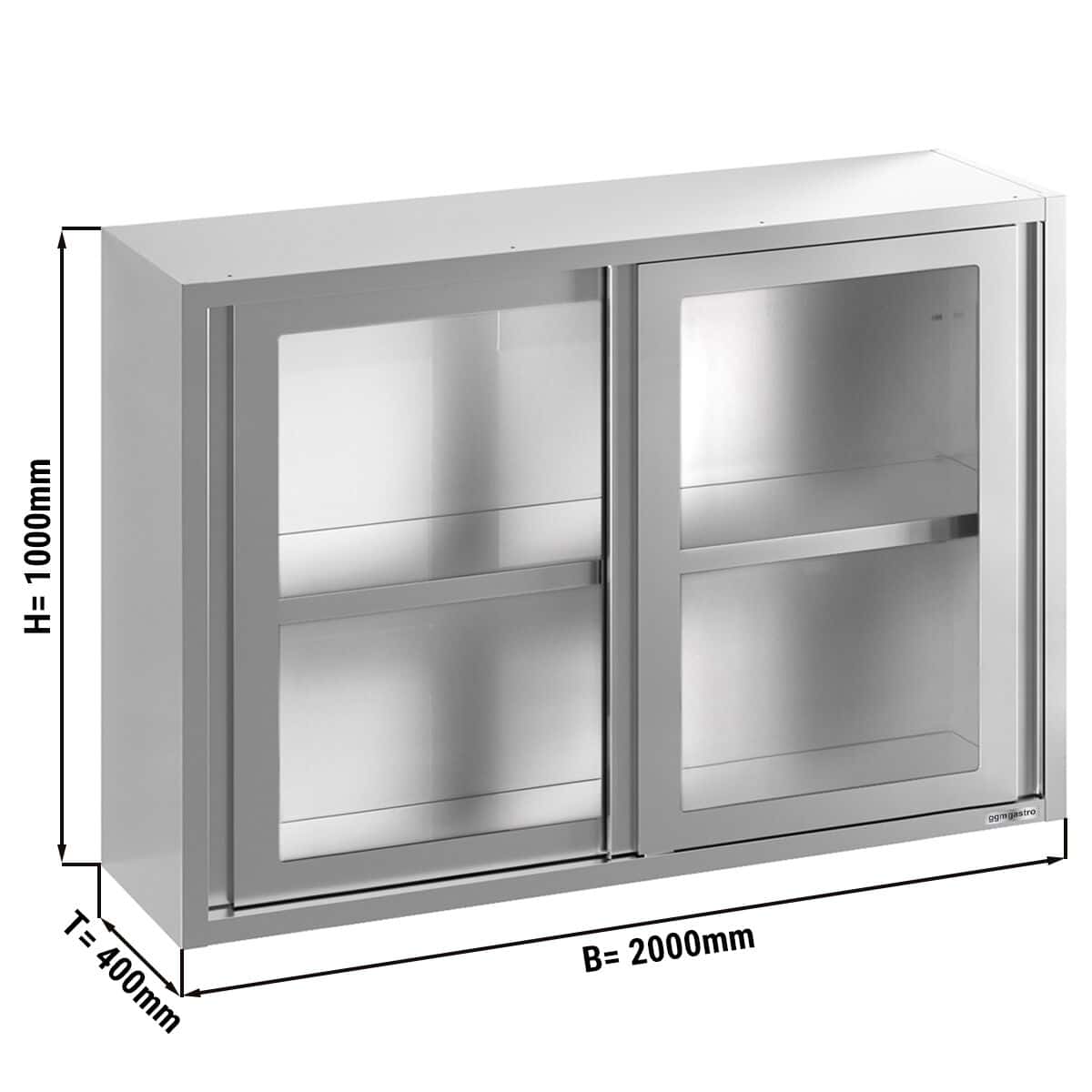 Stainless steel wall cabinet - 2000x400mm - with sliding glass door - 1000mm high