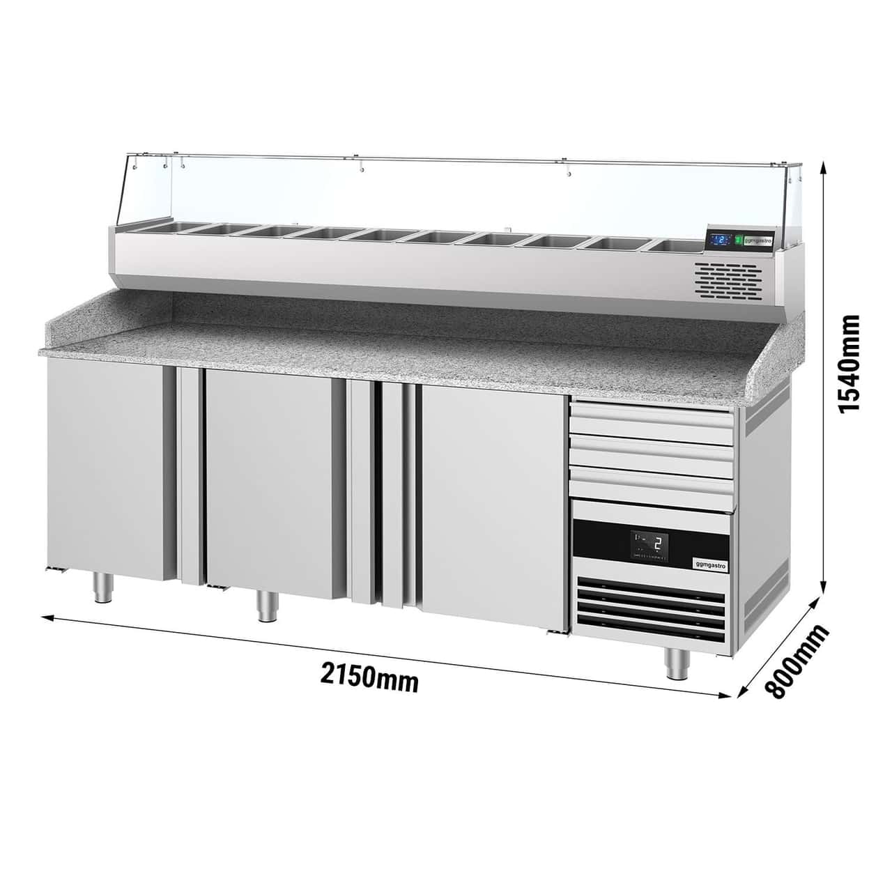 Pizzakühltisch PREMIUM - 2150x800mm - mit 3 Türen & 3 Schubladen - inkl. Kühlaufsatzvitrine - 10x GN 1/3