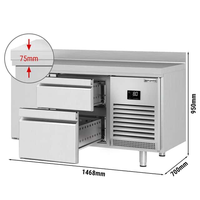 Kühltisch Premium PLUS - 1468x700mm - mit 1 Tür & 2 Schubladen & mit Aufkantung