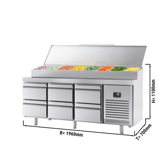 Zubereitungskühltisch - 1960x700mm - mit 6 Schubladen - Edelstahlaufsatz 1x GN 1/2 & 9x GN 1/3