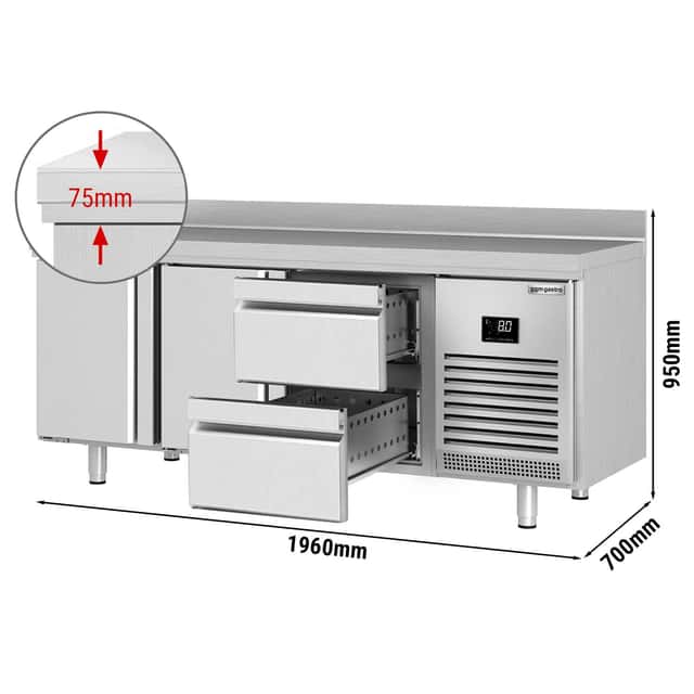 Kühltisch Premium PLUS - 1960x700mm - mit 2 Türen & 2 Schubladen & mit Aufkantung