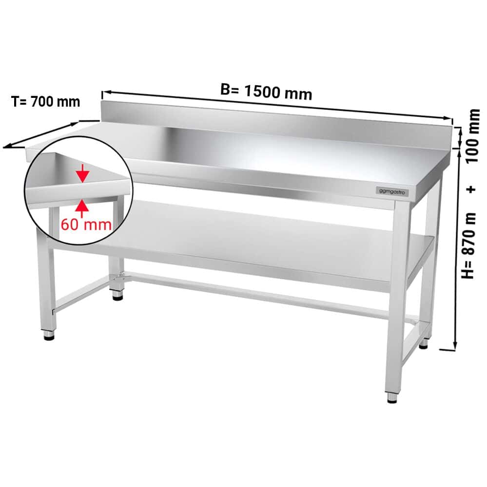 Edelstahl Arbeitstisch PREMIUM - 1500x700mm - mit Grundboden, Aufkantung & Verstrebung