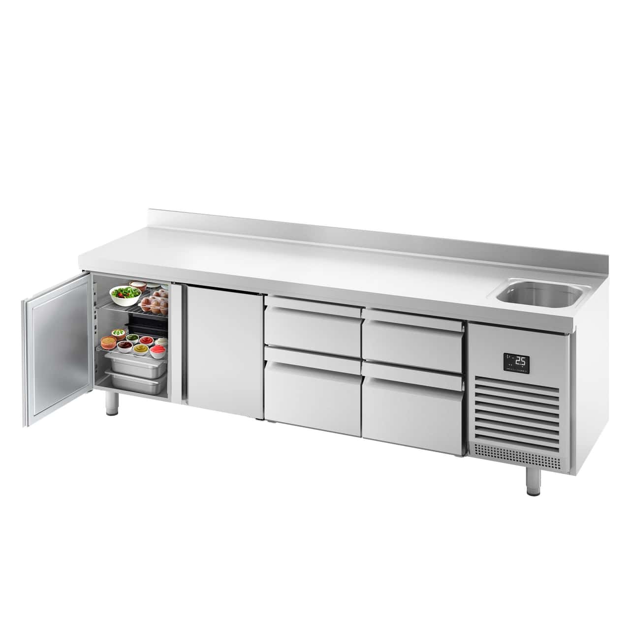 Refrigerated counter Premium PLUS - 2452x700mm - 1 sink, 2 doors, 4 drawers & backsplash