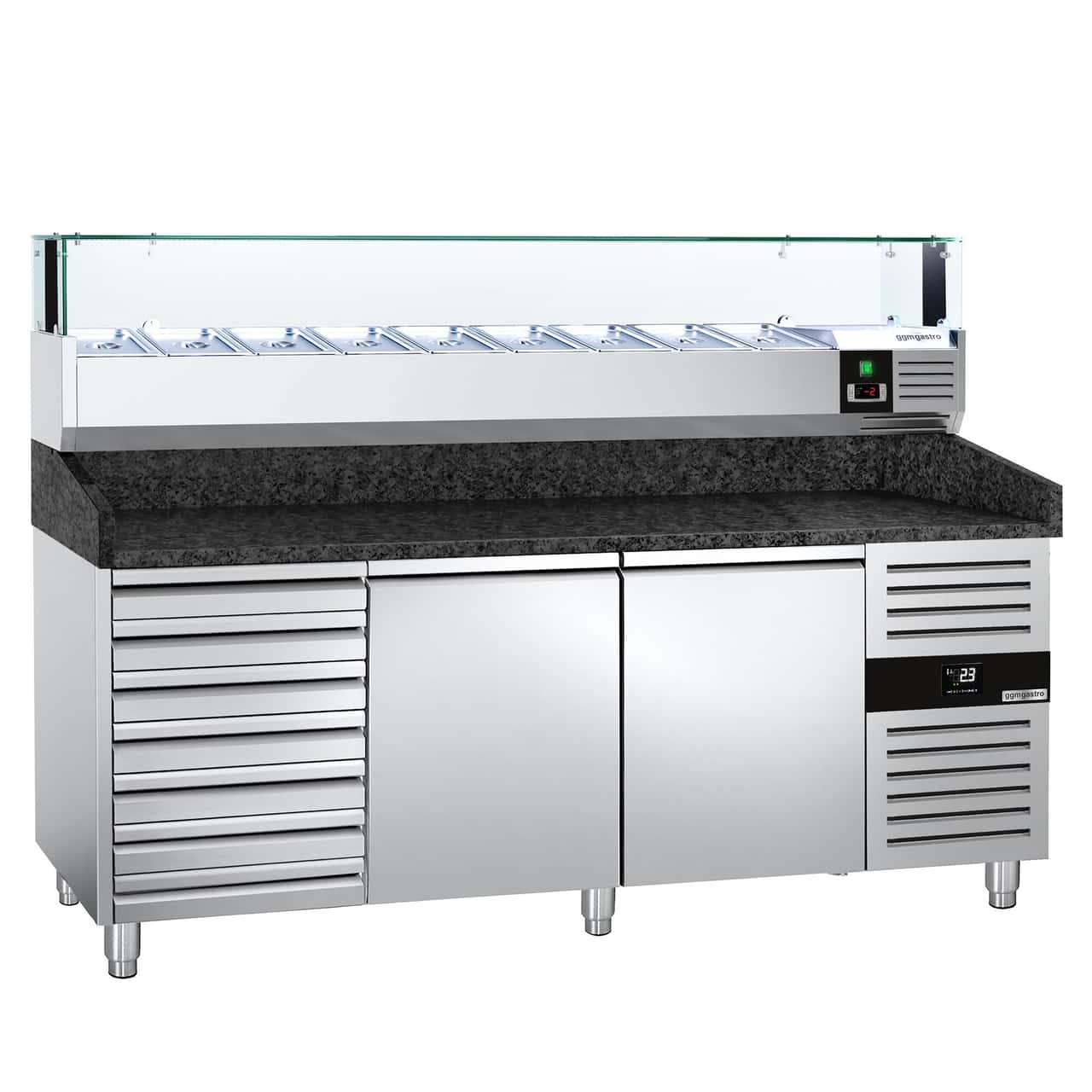 Pizzakühltisch PREMIUM - 2000x800mm - mit 2 Türen & 7 Schubladen - inkl. Kühlaufsatzvitrine LED - 9x GN 1/3