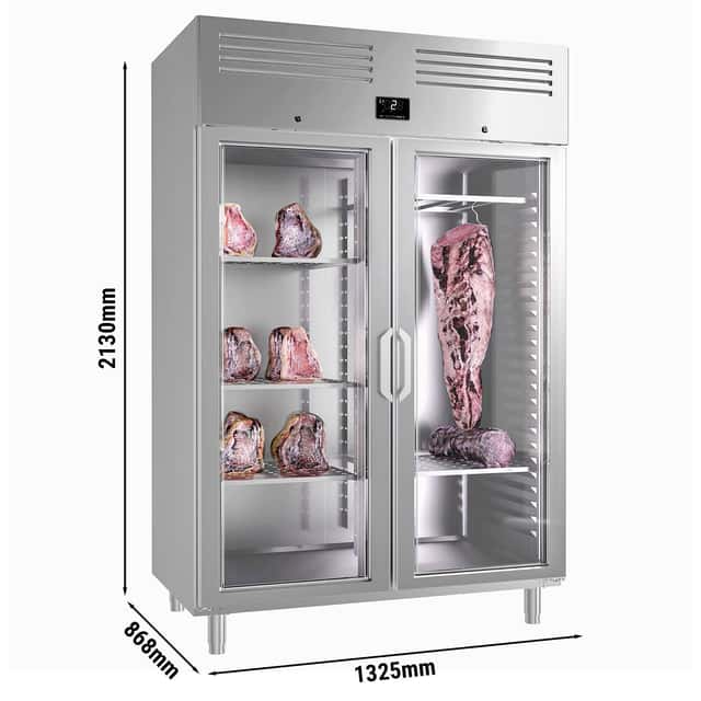 Dry Aging Fleischreifeschrank 1,3 m - mit 2 Glastüren - Edelstahl