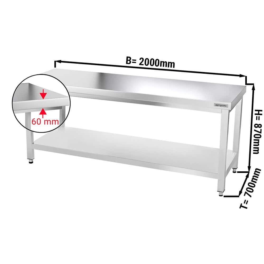 Edelstahl Arbeitstisch PREMIUM - 2000x700mm - mit Grundboden ohne Aufkantung