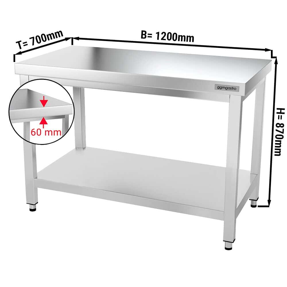 Edelstahl Arbeitstisch PREMIUM - 1200x700mm - mit Grundboden ohne Aufkantung