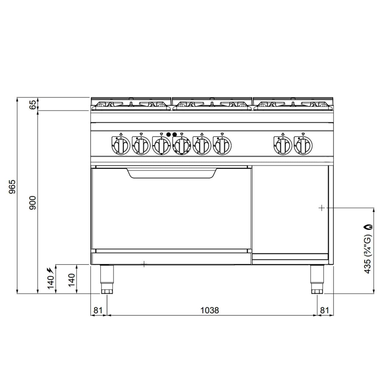 Gasherd - 53,5 kW - 6 Brenner - inkl. Elektroofen Statisch - 7,5 kW