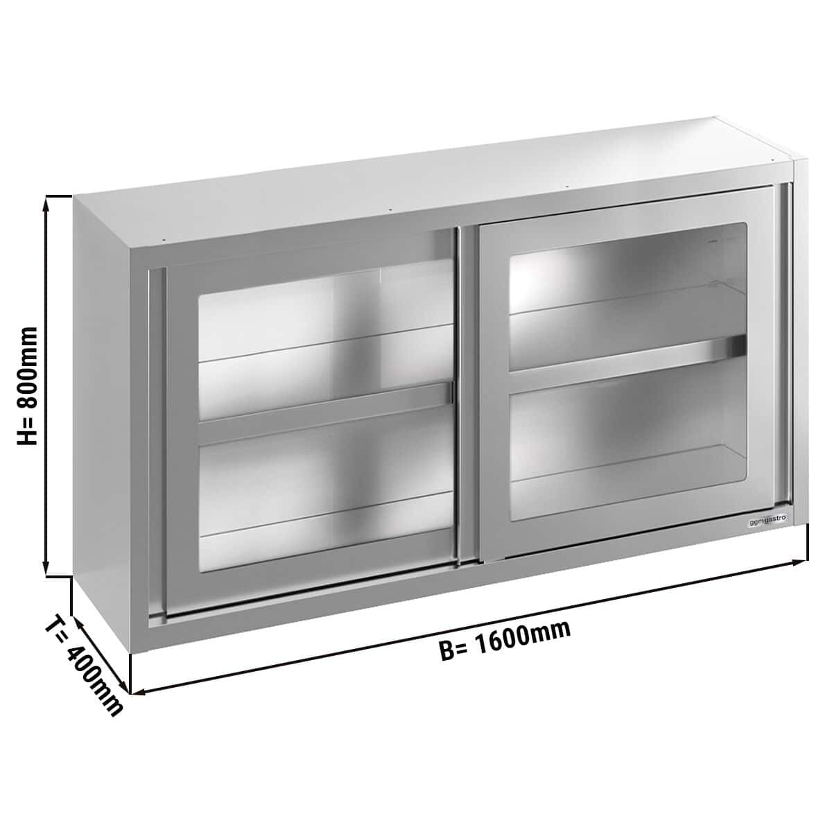 Stainless steel wall cabinet - 1600x400mm - with sliding glass door - 800mm high