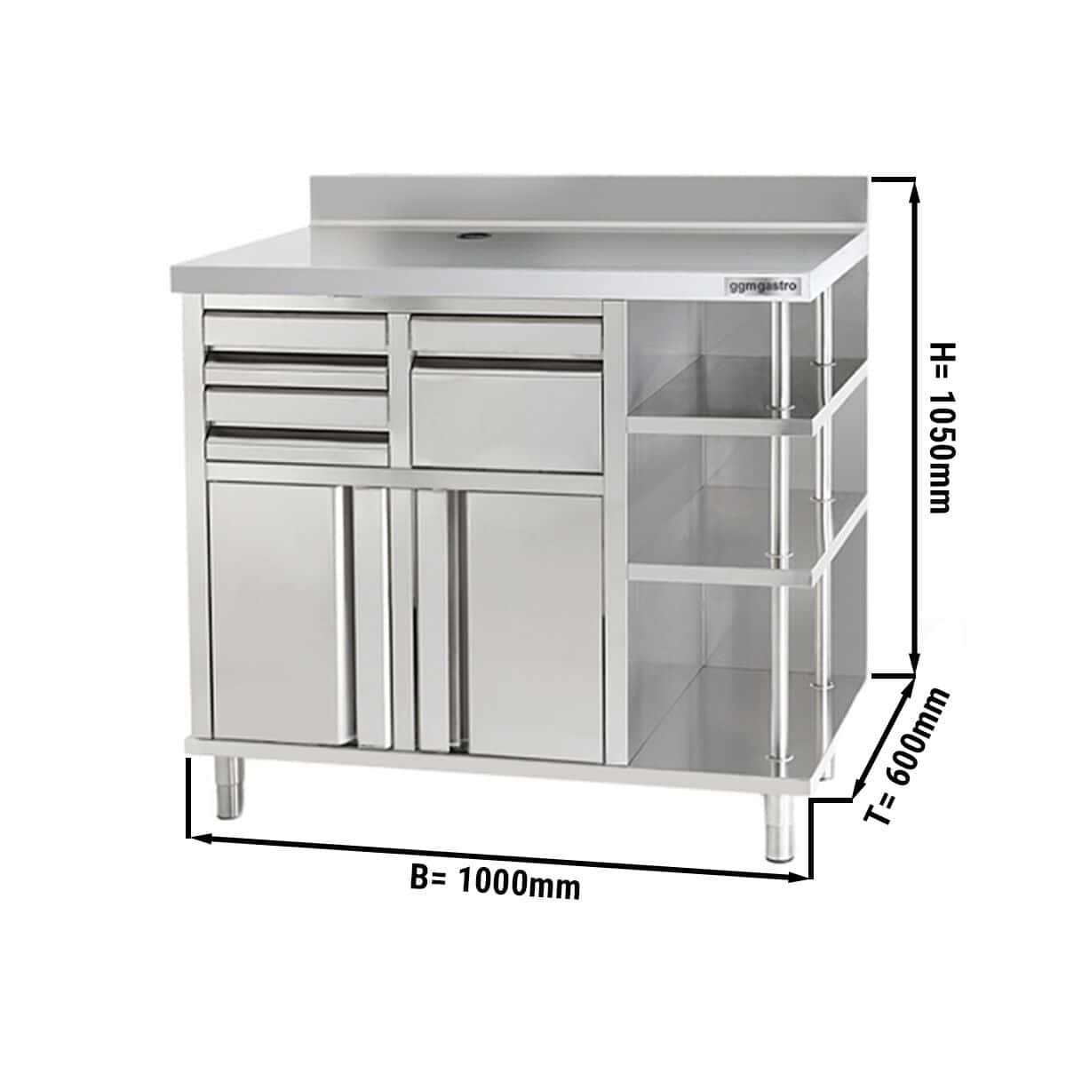 Arbeitsschrank - für Kaffeemaschine - 1000x600mm - mit Ausklopfer, 2 Schubladen, 2 Türen & Aufkantung