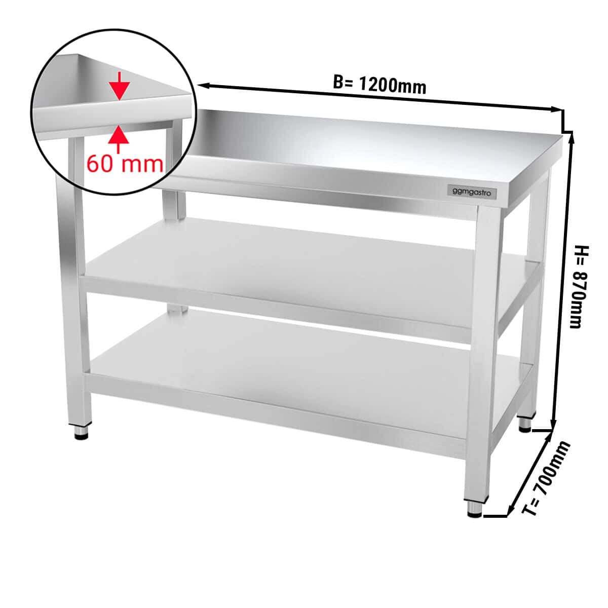 Edelstahl Arbeitstisch PREMIUM - 1200x700mm - mit Grundboden & Zwischenboden