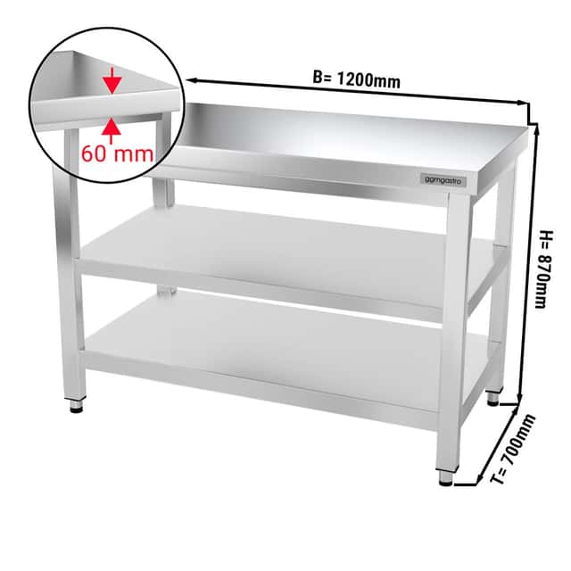 Edelstahl Arbeitstisch PREMIUM - 1200x700mm - mit Grundboden & Zwischenboden