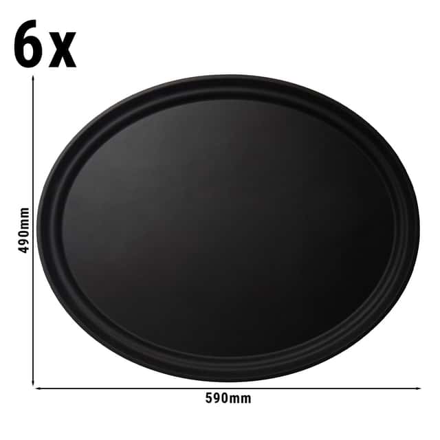 (6 Stück) CAMBRO | CAMTREAD® - Fiberglas Tablett - oval - 590x490mm - niedriges Profil - Schwarz