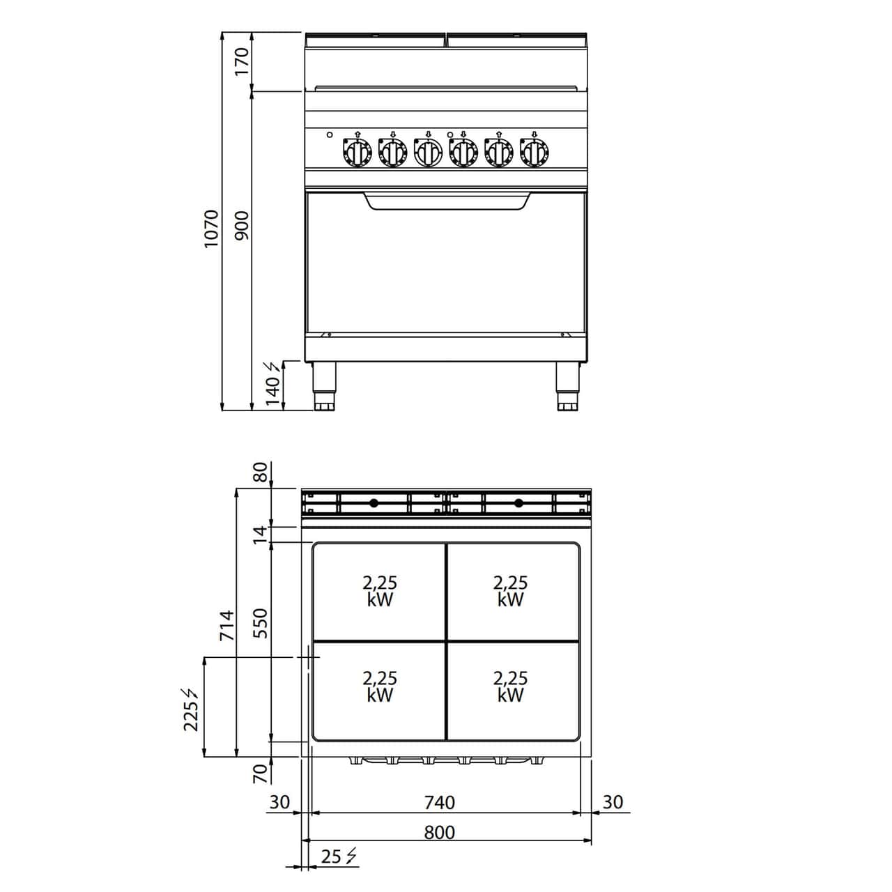 Sporák s varnou deskou 9 kW + statická elektrická trouba 7,5 kW