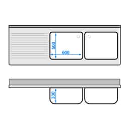 Spülschrank - 2000x700mm - mit 3 Schubladen & 2 Becken rechts