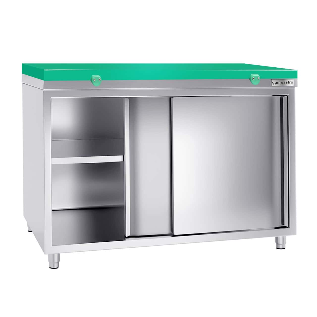 Stainless steel work cabinet PREMIUM - 1400x800mm - with sliding door without backsplash incl. cutting plate