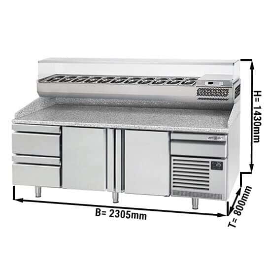 Pizza preparation table Premium PLUS- 2305x800mm - with 2 doors & 2 drawers- incl. refrigerated display case - 11x GN 1/4