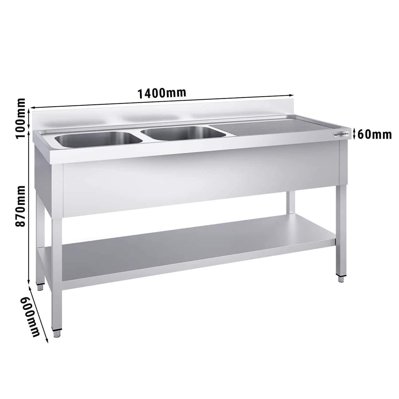 Spültisch PREMIUM - 1400x600mm - mit Grundboden & 2 Becken links