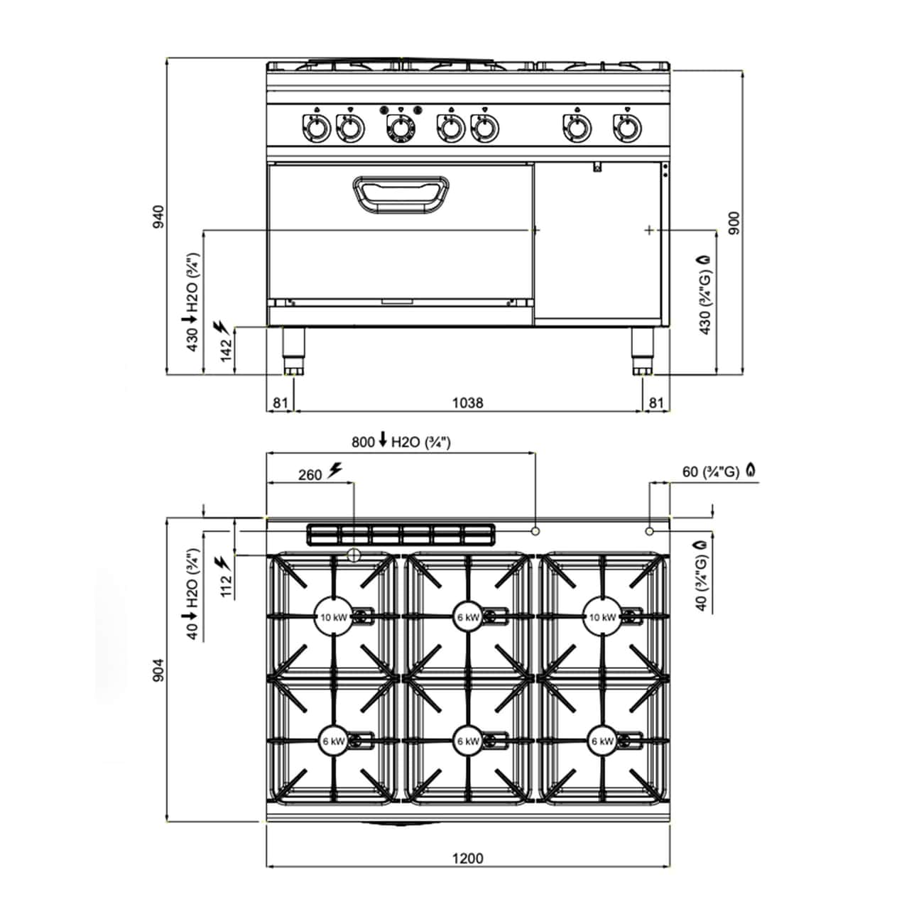 Gasherd - mit 6 Brennern - 44 kW - inkl. Elektrobackofen - 4,68 kW