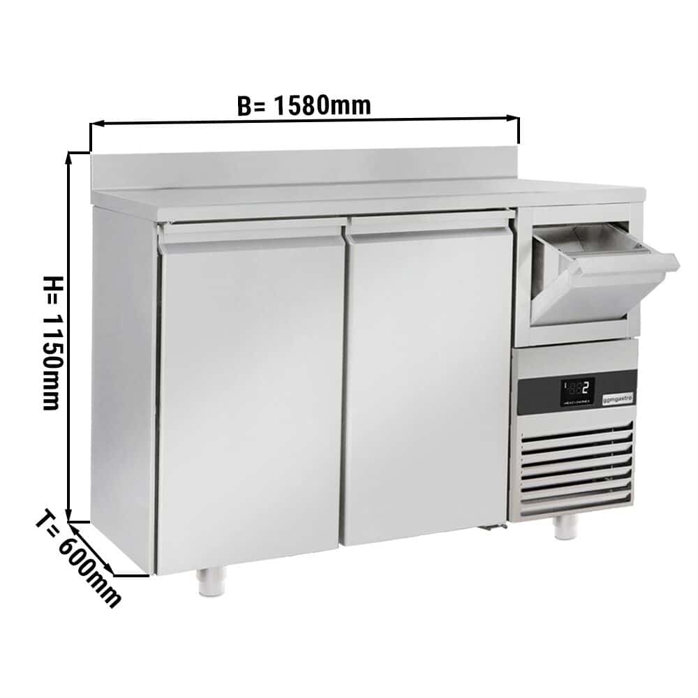 Bar- & Getränkekühltisch PREMIUM - 1580x600mm - 2 Türen, Aufkantung & Ausklopfer für Kaffee