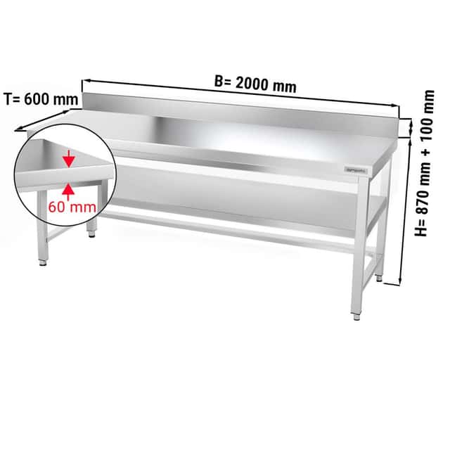 Edelstahl Arbeitstisch PREMIUM - 2000x600mm - mit Grundboden, Aufkantung & Verstrebung