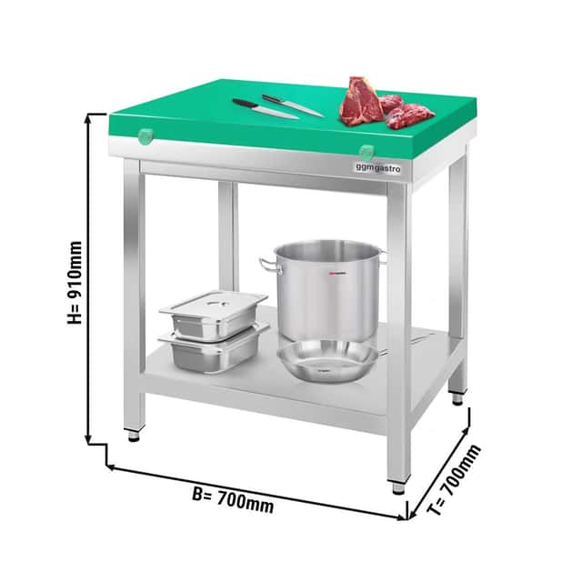 Edelstahl Arbeitstisch PREMIUM - 700x700mm - mit Grundboden ohne Aufkantung inkl. Schneideplatte