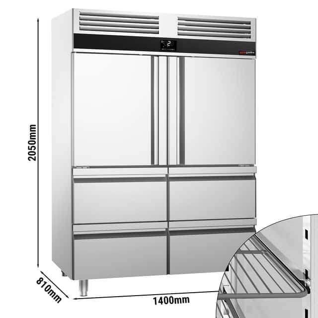 Kühlschrank Edelstahl PREMIUM - GN 2/1 - 1400 Liter - mit 2 Halbtüren & 4 Schubladen