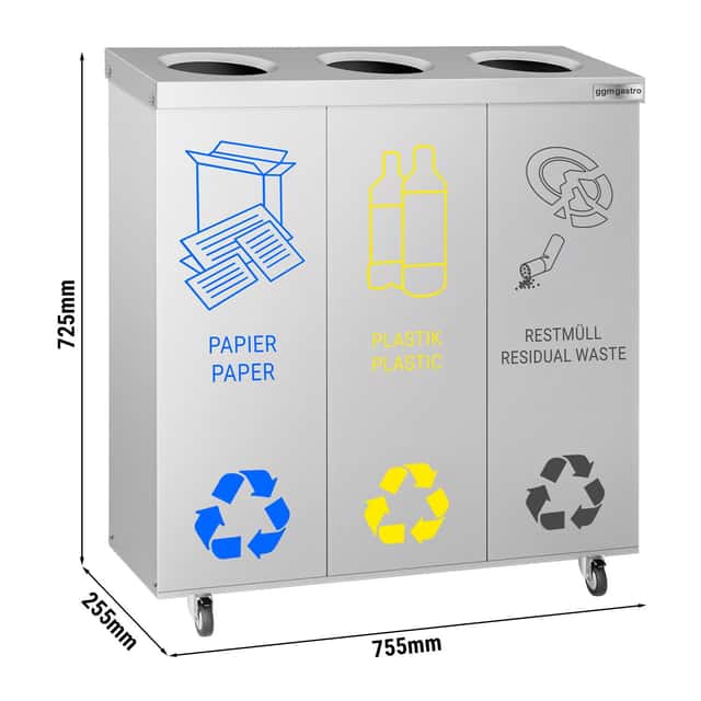 Mülltrennsystem mit 3 Fächern - mit Rollen - Edelstahl