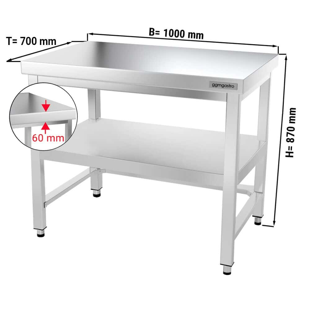 Edelstahl Arbeitstisch PREMIUM - 1000x700mm - mit Grundboden & Verstrebung