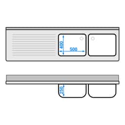 Dřezová skříňka ECO - z nerezové oceli - 2,0 m - 2 dřezy vpravo - D 50 x Š 40 x H 25 cm