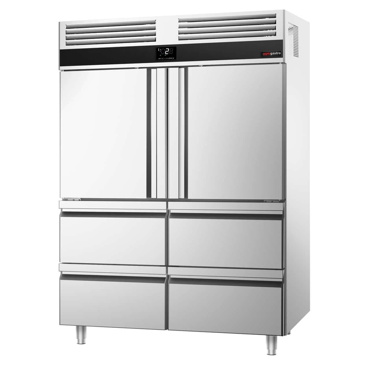 Kühlschrank Edelstahl PREMIUM - GN 2/1 - 1400 Liter - mit 2 Halbtüren & 4 Schubladen