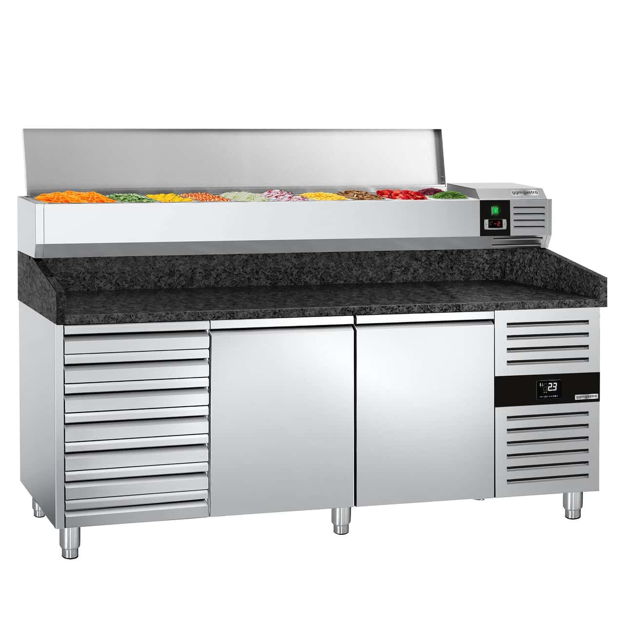 Pizzakühltisch PREMIUM - 2000x800mm - mit 2 Türen & 7 Schubladen - inkl. Kühlaufsatzvitrine - 9x GN 1/3