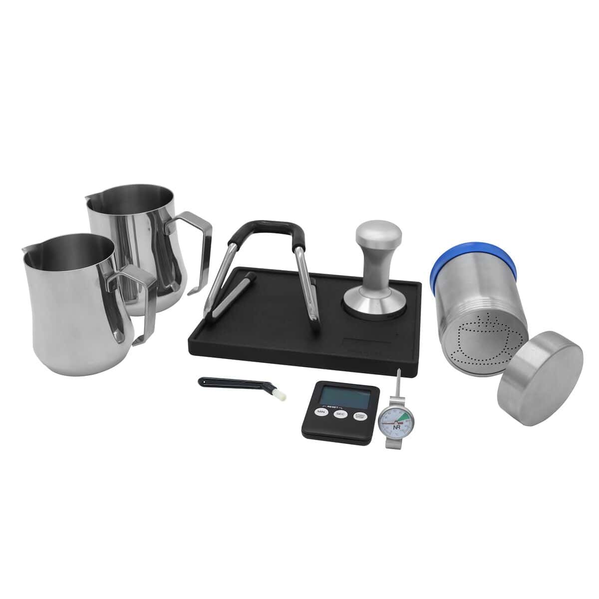 Barista Kit - 10-teilig - inkl. 2 Milchkännchen, Tamper, Bürste, Timer & Thermometer