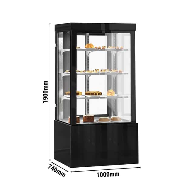 Kuchenvitrine - 1000mm - mit LED-Beleuchtung, 3 Ablagen & Spiegelfront - Schwarz