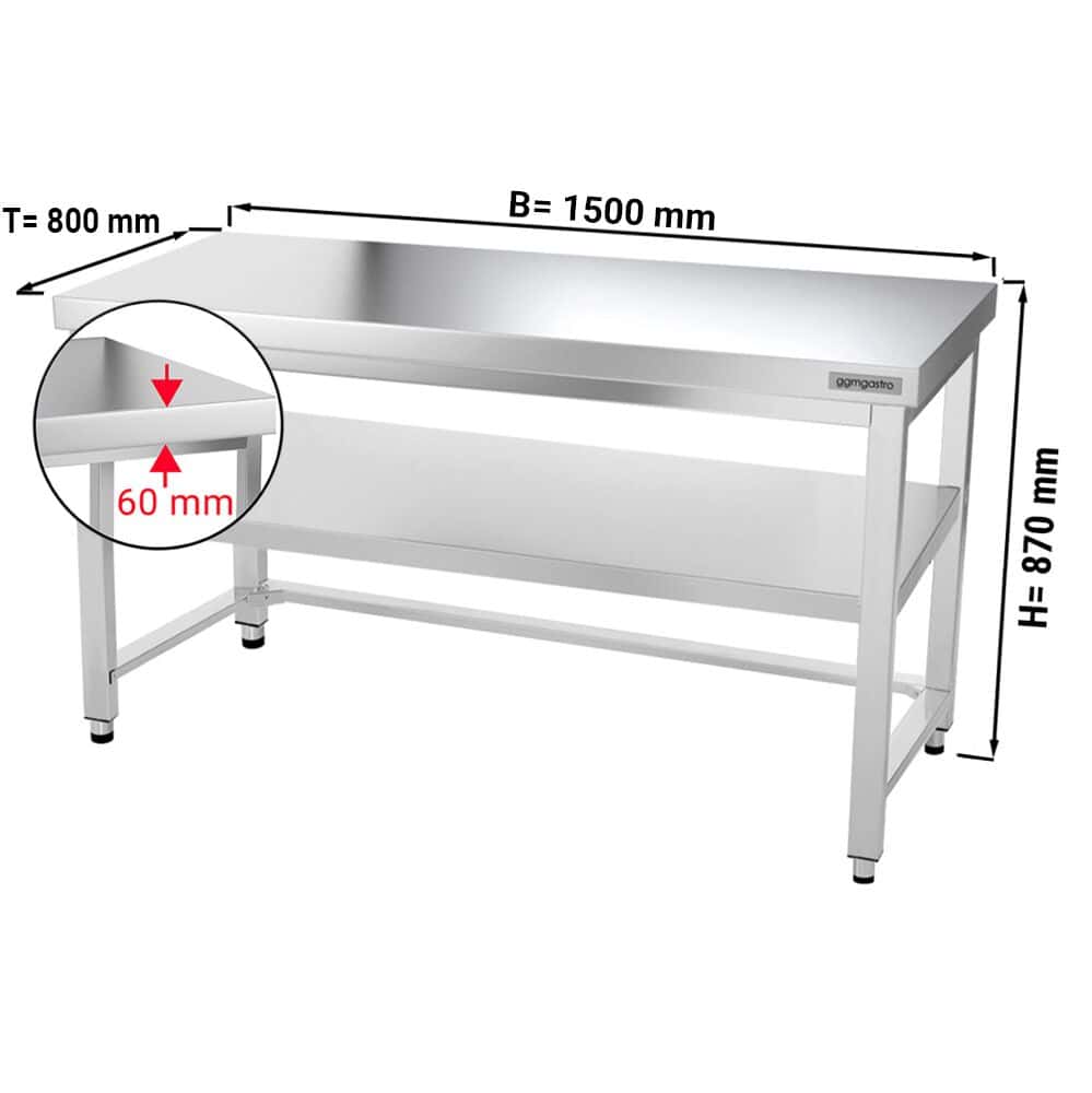 Edelstahl Arbeitstisch PREMIUM - 1500x800mm - mit Grundboden & Verstrebung