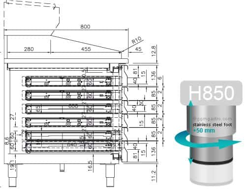 Pizzakühltisch Premium PLUS - 2305x800mm - mit 2 Türen & 6 Schubladen - inkl. Kühlaufsatzvitrine - 10x GN 1/3