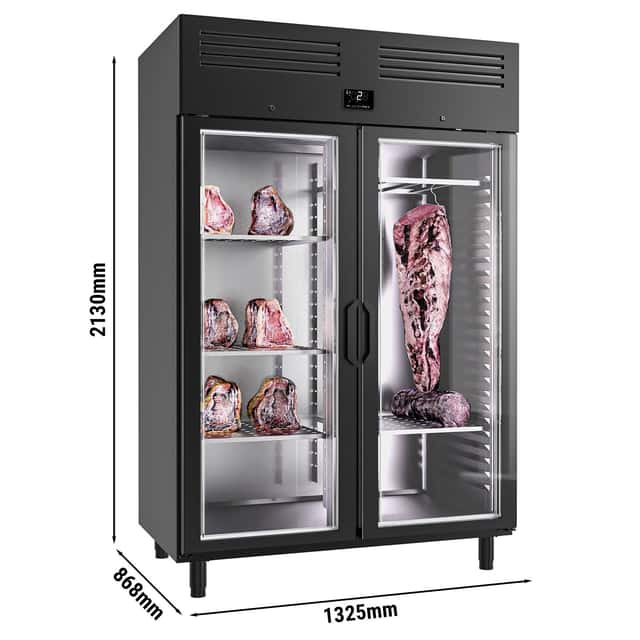 Dry Aging Fleischreifeschrank 1,3 m - mit 2 Glastüren - Schwarz