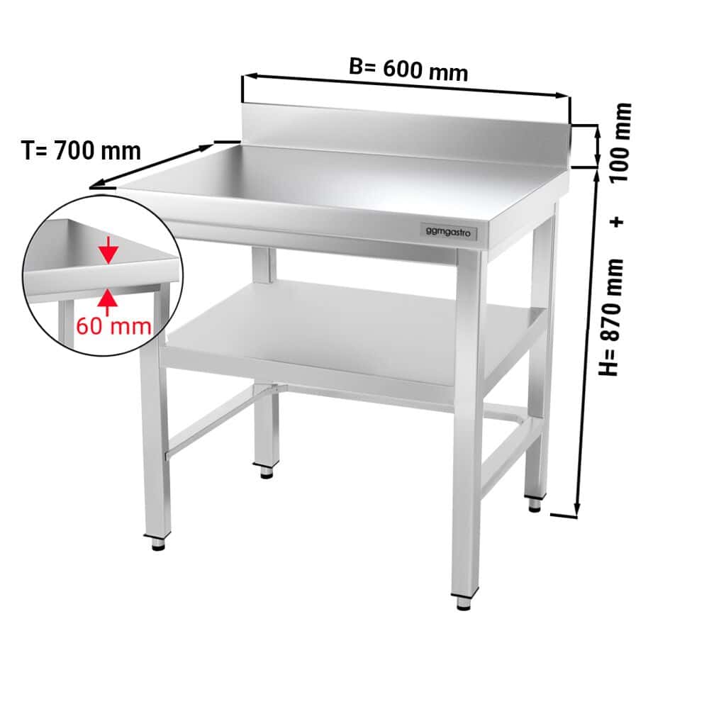 Edelstahl Arbeitstisch PREMIUM - 600x700mm - mit Grundboden, Aufkantung & Verstrebung